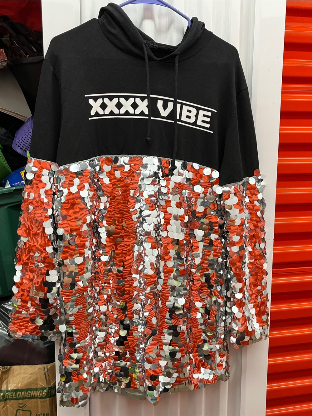 AKIRA Black Hoodie with Orange & Silver Sequin Mini Skirt